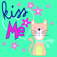 Illustration vector cute cat with text and background for fashion design