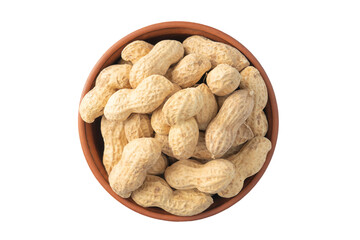 peanuts in a shell in a clay plate, organic peanuts isolated on a white background top view. A bunch of peanuts in close-up, selective focus.