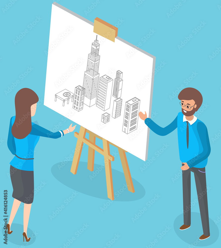 Poster architect engineer showing drawing building blueprint on easel board to colleague builder at meeting