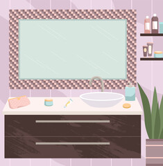 Modern sink table and a mirror tiled around flat vector illustration.. Bathroom interior design concept. Empty bath room. Items for skin and hair care. Care products on a table with lockers