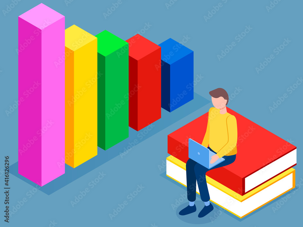 Poster man studies statistics. data analysis on diagram. guy work with laptop sitting on stack of books. ma