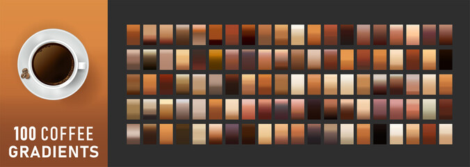 100 Coffee gradients background set. Templates of texture for banner, poster, flyer, presentation, mobile apps and smartphone screen design. Brown gradient. Chocolate background collections