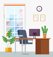 Modern workplace flat design. Office chair and office desk with stack of books in cozy room interior. Furniture and equipment for workplace of employee or office worker, vector interior workspace