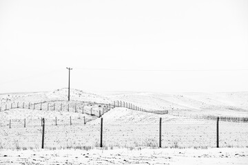 Misty winter scene with rows of barbed wire fences