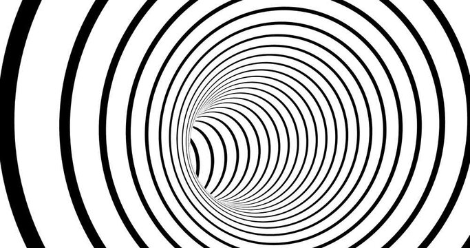Optical 3d illusion footage. Monochrome striped tunnel inside motion. Black and white hypnotic spiral animation. Endless vortex visual effect. Psychedelic twisting loop abstract 4k video
