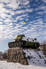 Soviet tank T-34 during the Second World War. This monument to the soldiers-liberators of Khmelnitsky is located on Victory Avenue. Winter day.
