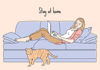 Girl lies with a laptop on the couch. Woman and cat at home vector illustration. Stay at home text.