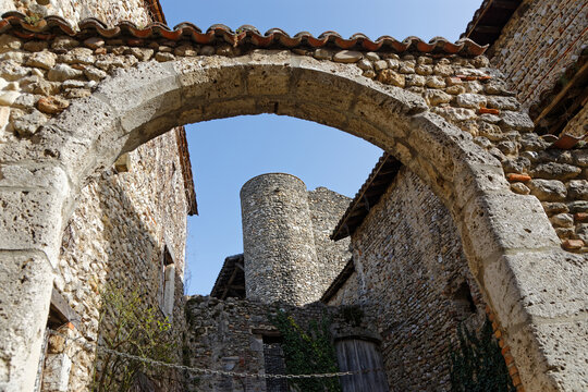 PEROUGES, FRANCE, February 23, 2021 : Perouges old tower. The town was restored and houses were saved in the beginning of 20th century and is now a popular tourist attraction.
