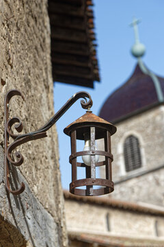 PEROUGES, FRANCE, February 23, 2021 : Architectural detail in the old city. The town was restored and houses were saved in the beginning of 20th century and is now a popular tourist attraction.