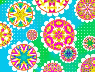 Bright colorful floral textile pattern with abstract flowers on a green and blue background.