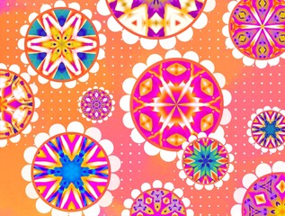 Bright colorful floral textile pattern with abstract flowers on a orange background.