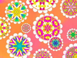 Bright colorful floral textile pattern with abstract flowers on a pink background.