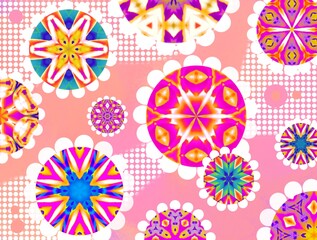 Bright colorful floral textile pattern with abstract multi-color flowers on a pink background.