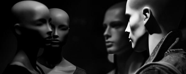 Dummy people, fashion human head. Group of technology mannequin robots.