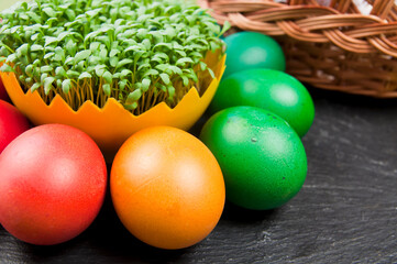 Colorful easter eggs and basket setup