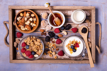 On the wooden tray, tasty breakfast with yogurt, cereals, dried fruit, raspberries, blueberries and blackberries, bowl with forest honey. view from top