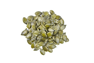 Pumpkin seeds isolated on a white background. Heap of dry pumpkin seeds