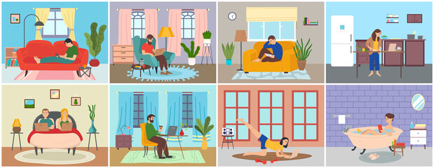 Set of people at home in various situations, people relax, do household chores and correspondence surfing the Internet, communicating through network. Social media network, digital gadget addiction