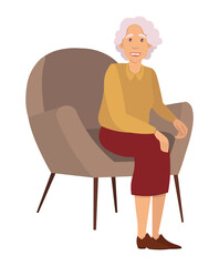Elderly woman isolated on white background. Sitting female person with gray hair flat vector illustration. Serious gray-haired adult woman sits on a chair. Patient at the reception of psychotherapist