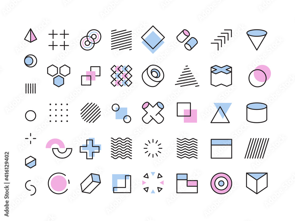 Poster memphis geometry. abstract forms lines triangles circles dots geometrical shapes for design projects
