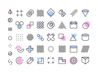 Memphis geometry. Abstract forms lines triangles circles dots geometrical shapes for design projects 80s style garish vector collection set. Illustration minimalist contour, geometric linear pattern