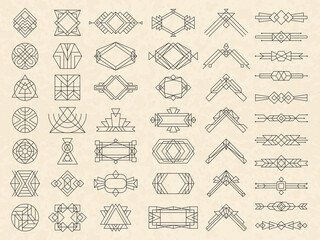 Art deco geometrical shapes. Modern design elements for emblems and logotypes triangles circles dividers and arrows recent vector templates. Geometric line logotype, logo template linear decorative