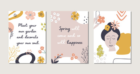 Set of Spring Abstract greeting cards and backgrounds in modern bohemian style. Mystical Boho Spring abstract background with shapes, contours, flowers, rainbows, woman faces