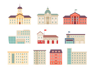 Municipal buildings. Government houses city library hospital bank supermarket campus urban buildings vector flat isolated on white. University building and municipal police hospital illustration