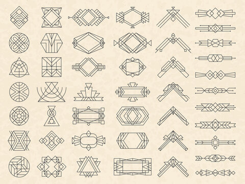 Art deco geometrical shapes. Modern design elements for emblems and logotypes triangles circles dividers and arrows recent vector templates. Geometric line logotype, logo template linear decorative