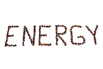 The inscription Energy coffee made from coffee beans on a white background.