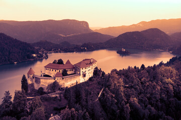 Aerial view of Bled Castle overlooking Lake Bled in Slovenia, Europe.