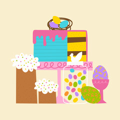 Easter sweet food set: cake, candy jar, chocolate eggs and nest, muffins. Cute flat colorful decorated pastry for spring celebration. Perfect for cafe, bakery menu, greeting cards, invitations.
