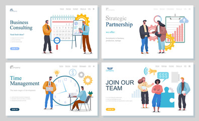 Business consulting, strategic partnership, time management, join our team, landing page of website, organizing office time, successful deal, promotion in social networks, planning business meetings