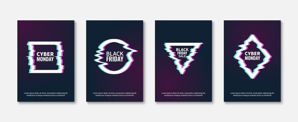 Glitch effects. Abstract trendy frame posters, glitched designs concept, dynamic damaged geometric shapes, black friday and cyber monday sale add. Vector cards template with copy space