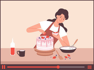 Homemade bakery. Food blogger, girl bake cake online. Culinary live stream, happy woman decoration dessert vector illustration. Food bakery, homemade blogger cake, cooking dessert