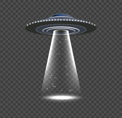 UFO invasion. Alien spaceship, realistic space object with rays. Flying ship, lights and glow vector elements. Illustration invasion ufo, spotlight sci-fi glow © ONYXprj