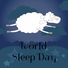 White sheep jumping in the sky in the clouds with a pacified look. The concept of a good healthy and proper sleep and a good night's rest for World Sleep Day.
