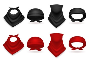 Realistic bandana set. Colored black and red handkerchiefs, scarf and neck accessory, stylish fabric head and hair accessories, costume element, fashion template vector isolated 3d mockup