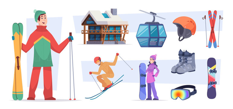 Ski resort. Christmas winter village snow activities in alps holiday landscape trails in mountain exact vector flat pictures of ski resort symbols. Extreme snowboard and ski resort illustration