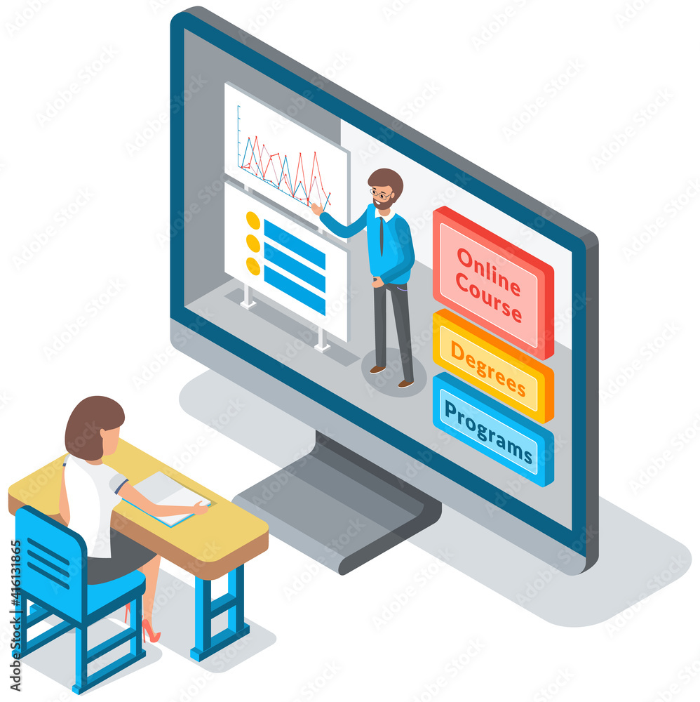 Poster online education, training or e-learning concept. website for education and business courses. smilin