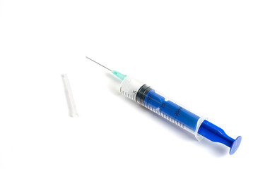 Syringe close up isolated on white background, vaccine.