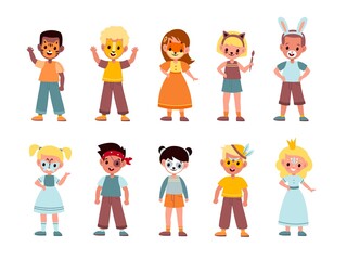 Kids funny makeup. Boys and girls face painting, children artistic party, masquerade festival, birthday celebration, animals and fairy tales creature facial masks cartoon vector set