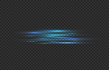 Car fast motion trail effect. Realistic horizontal blue neon linear glow, light speed lines, laser stream, quick movement power tails isolated vector illustration on transparent background