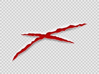 Claws scratches. Cat or tiger nails scratches cross shaped, halloween monster laceration, animal scratch with blood vector realistic isolated on transparent background illustration