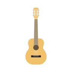 Obraz premium Flat guitar. Acoustic classic musical instrument front view, wooden beige silhouette classical shape, country and rock music equipment, single isolated on white background illustration