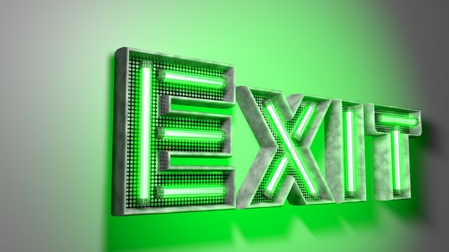 Letrero de salido con luz neón. Ilustración 3d de frase. Pared blanca iluminada por cartel metálico y luces.
