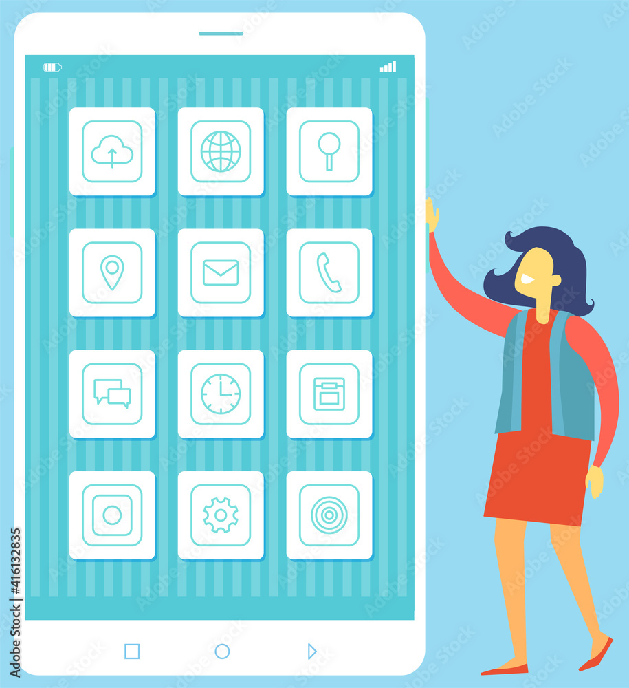 Poster touchscreen white smartphone with simple application icons. mobile technology device cellphone. fema