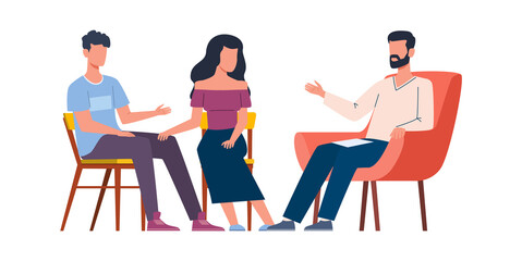 Men and women talking to psychotherapist. Group and family therapy, husband and wife talk to psychologist. Psychoanalysis and psychotherapy, mental problems counseling vector illustration