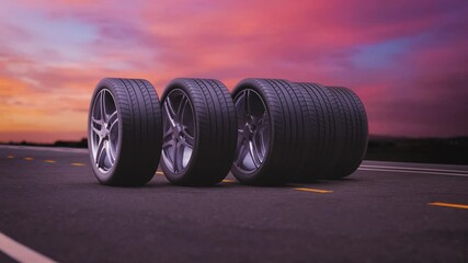 Loop car tires rolling on asphalt in the sunset