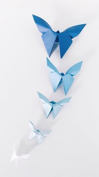 Overhead photo of blue origami butterflies